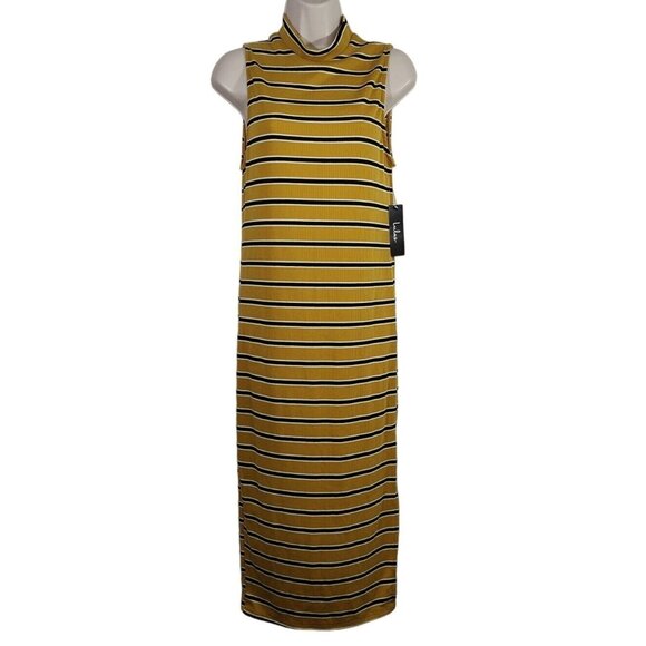 Lulus Dresses & Skirts - Lulus Black Brown Striped Midi Sheath Dress Mockneck Women Size M Sleeveless NEW